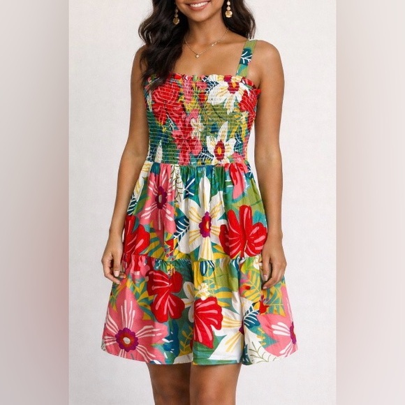 Sugarlips Dresses & Skirts - SUGAR + LIPS Colorful Floral Smocked Tiered Cotton Mini Dress Size M (Like a S)